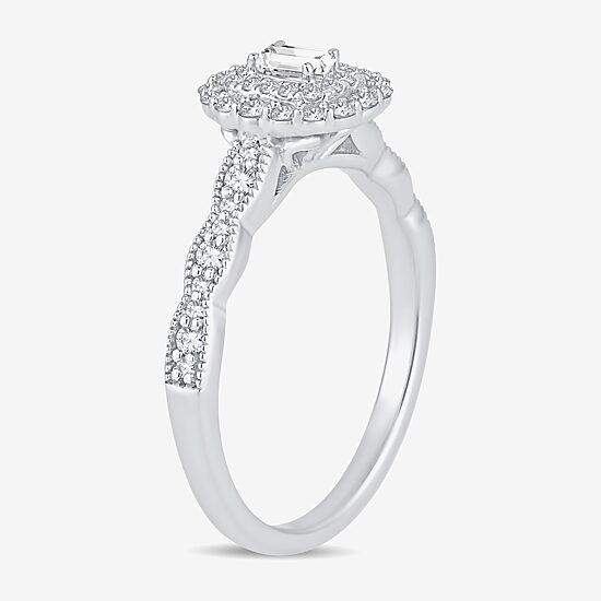 Womens 1/2 CT. T.W. Natural White Diamond 10K Gold Oval Side Stone Halo Engagement Ring