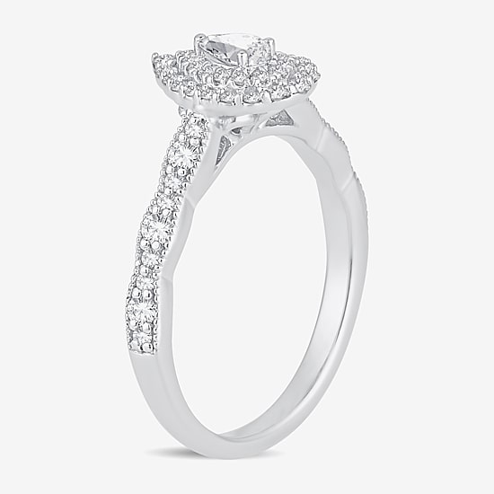 Womens 1/2 CT. T.W. Natural White Diamond 10K Gold Pear Side Stone Halo Engagement Ring