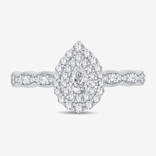 Womens 1/2 CT. T.W. Natural White Diamond 10K Gold Pear Side Stone Halo Engagement Ring