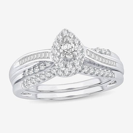 Womens 1/2 CT. T.W. Natural White Diamond 10K Gold Pear Side Stone Halo Bridal Set