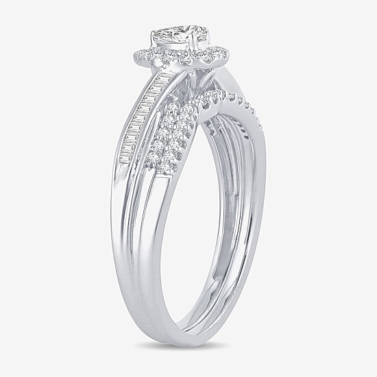 Womens 1/2 CT. T.W. Natural White Diamond 10K Gold Pear Side Stone Halo Bridal Set