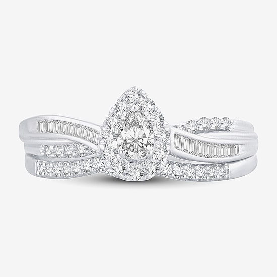 Womens 1/2 CT. T.W. Natural White Diamond 10K Gold Pear Side Stone Halo Bridal Set