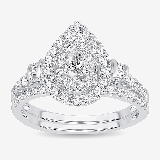 Womens 1 CT. T.W. Natural White Diamond 10K Gold Pear Side Stone Halo Bridal Set
