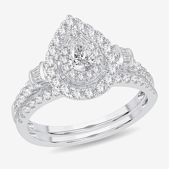 Womens 1 CT. T.W. Natural White Diamond 10K Gold Pear Side Stone Halo Bridal Set