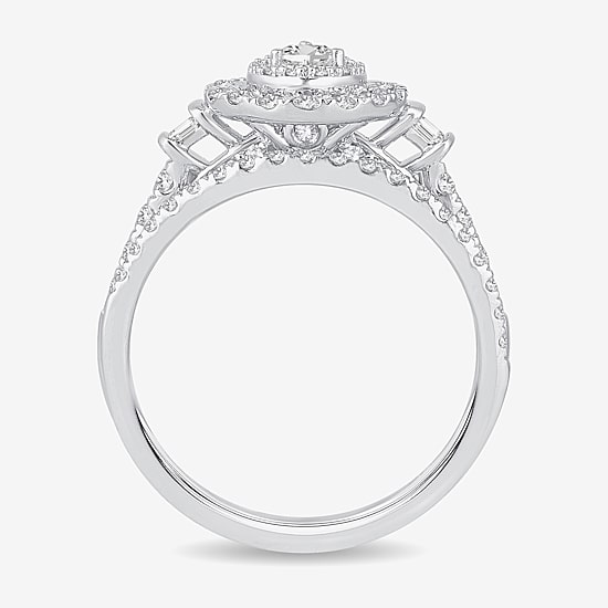 Womens 1 CT. T.W. Natural White Diamond 10K Gold Pear Side Stone Halo Bridal Set