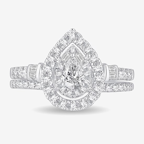 Womens 1 CT. T.W. Natural White Diamond 10K Gold Pear Side Stone Halo Bridal Set