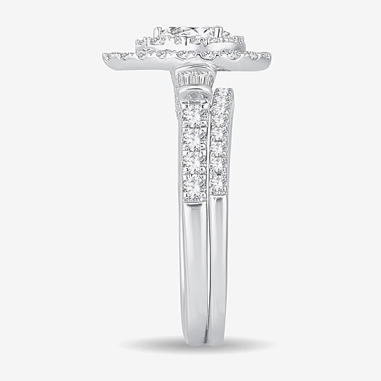Womens 1 CT. T.W. Natural White Diamond 10K Gold Pear Side Stone Halo Bridal Set