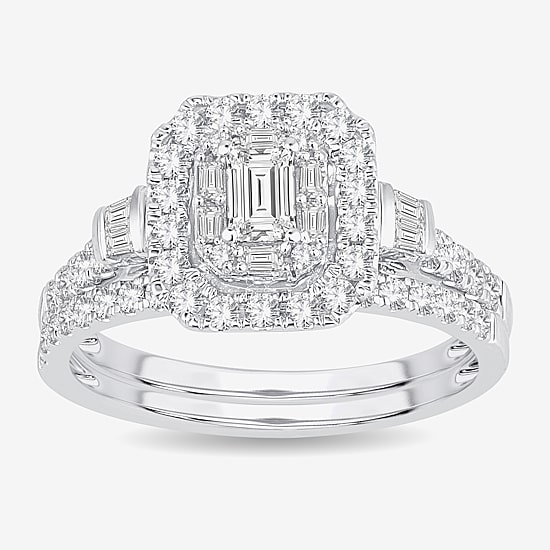 Womens 1 CT. T.W. Natural White Diamond 10K Gold Side Stone Halo Bridal Set