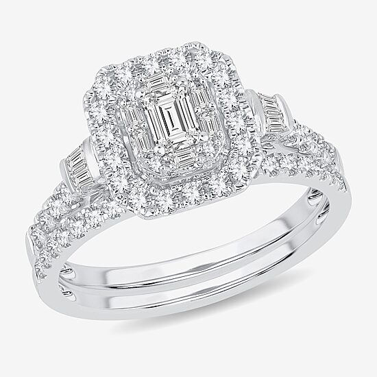 Womens 1 CT. T.W. Natural White Diamond 10K Gold Side Stone Halo Bridal Set