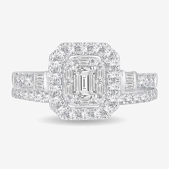 Womens 1 CT. T.W. Natural White Diamond 10K Gold Side Stone Halo Bridal Set