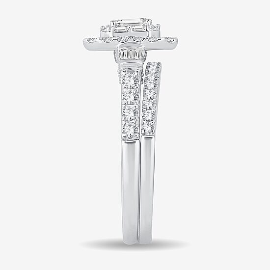Womens 1 CT. T.W. Natural White Diamond 10K Gold Side Stone Halo Bridal Set
