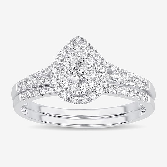 Womens 3/8 CT. T.W. Natural White Diamond 10K Gold Pear Side Stone Halo Bridal Set