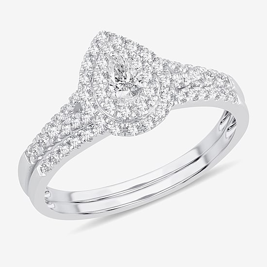 Womens 3/8 CT. T.W. Natural White Diamond 10K Gold Pear Side Stone Halo Bridal Set