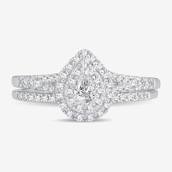 Womens 3/8 CT. T.W. Natural White Diamond 10K Gold Pear Side Stone Halo Bridal Set