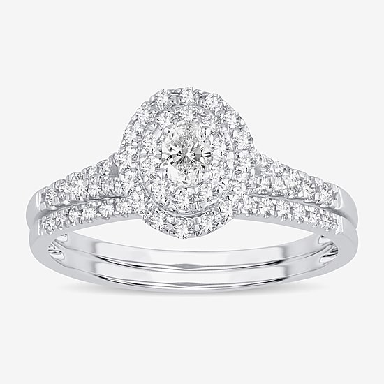 Womens 3/8 CT. T.W. Natural White Diamond 10K Gold Oval Side Stone Halo Bridal Set