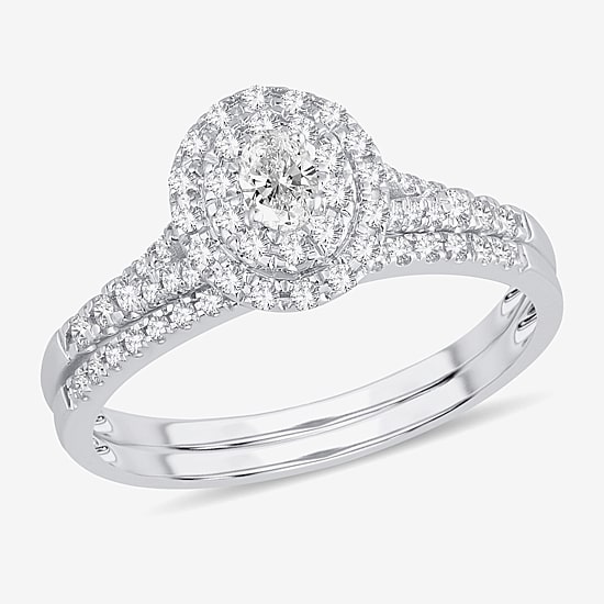 Womens 3/8 CT. T.W. Natural White Diamond 10K Gold Oval Side Stone Halo Bridal Set