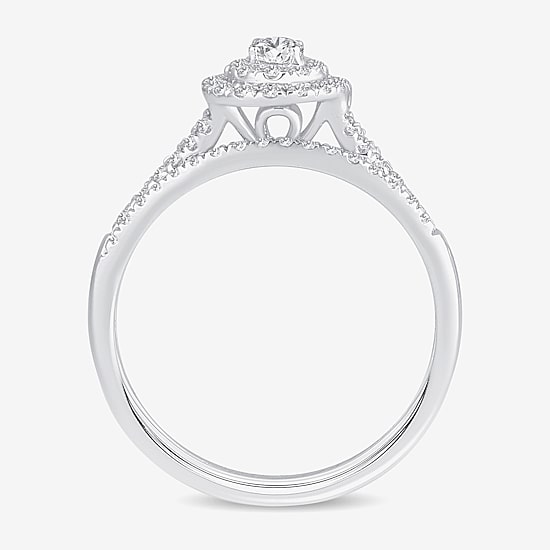 Womens 3/8 CT. T.W. Natural White Diamond 10K Gold Oval Side Stone Halo Bridal Set