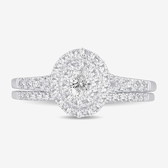 Womens 3/8 CT. T.W. Natural White Diamond 10K Gold Oval Side Stone Halo Bridal Set