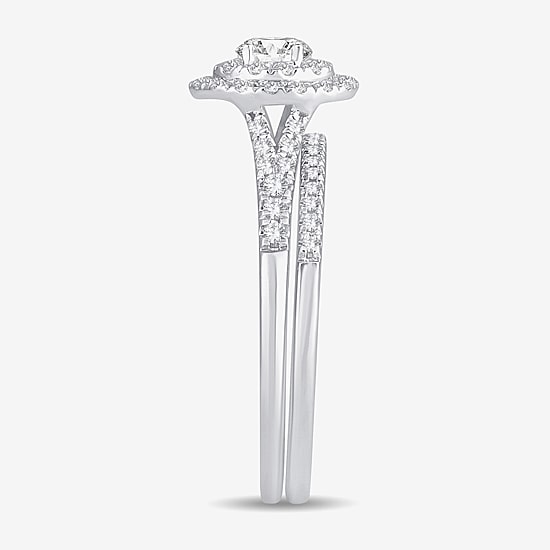 Womens 3/8 CT. T.W. Natural White Diamond 10K Gold Oval Side Stone Halo Bridal Set