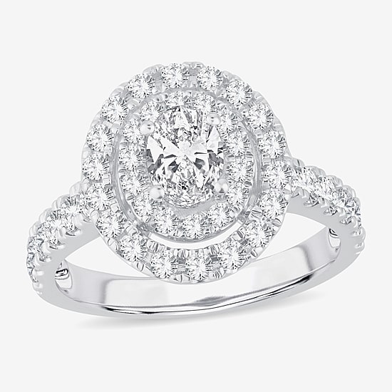 (H-I / Si1-Si2) Womens 1 1/2 CT. T.W. Lab Grown White Diamond 10K Gold Oval Side Stone Halo Engagement Ring