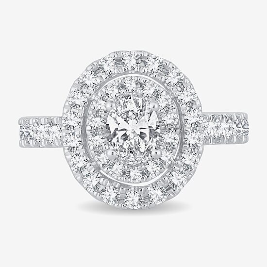 (H-I / Si1-Si2) Womens 1 1/2 CT. T.W. Lab Grown White Diamond 10K Gold Oval Side Stone Halo Engagement Ring
