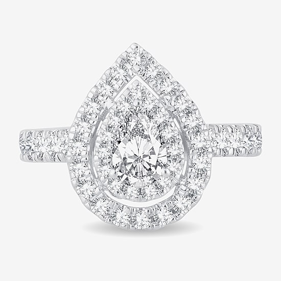 (H-I / Si1-Si2) Womens 1 1/2 CT. T.W. Lab Grown White Diamond 10K Gold Pear Side Stone Halo Engagement Ring
