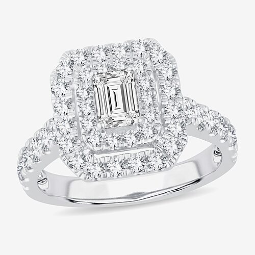 (H-I / Si1-Si2) Womens 1 1/2 CT. T.W. Lab Grown White Diamond 10K Gold Side Stone Halo Engagement Ring, 9, White