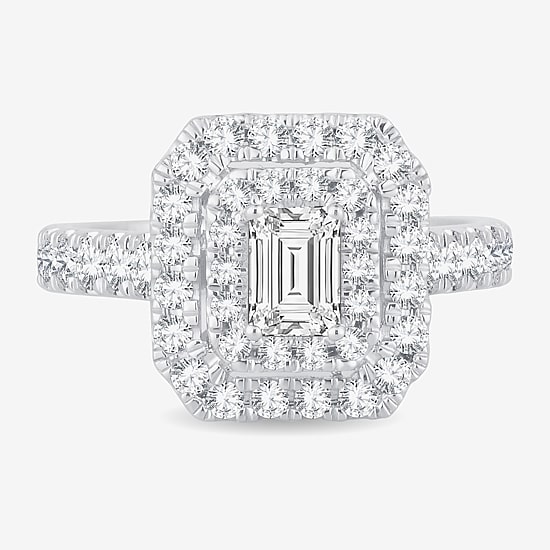 (H-I / Si1-Si2) Womens 1 1/2 CT. T.W. Lab Grown White Diamond 10K Gold Side Stone Halo Engagement Ring