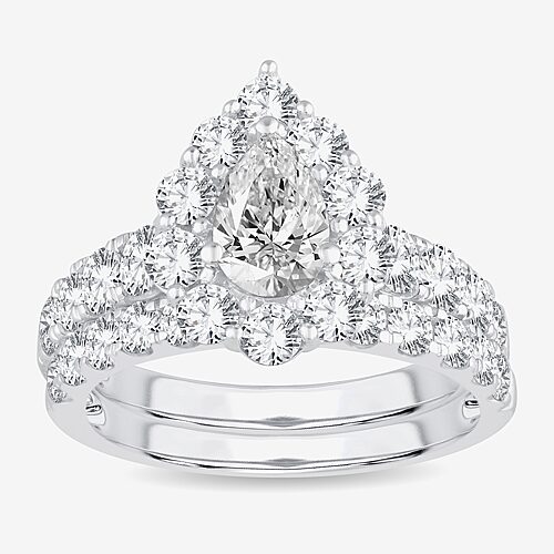 Signature By Modern Bride (H-I / Si1-Si2) Womens 3 CT. T.W. Lab Grown White Diamond 10K Gold Pear Side Stone Halo Bridal Set, 9, White
