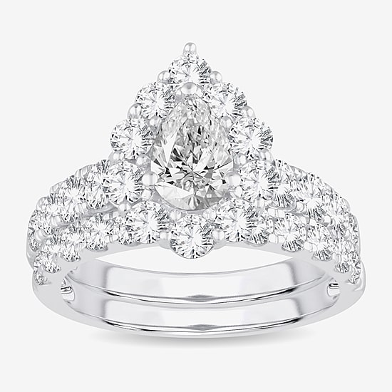 Signature By Modern Bride (H-I / Si1-Si2) Womens 3 CT. T.W. Lab Grown White Diamond 10K Gold Pear Side Stone Halo Bridal Set