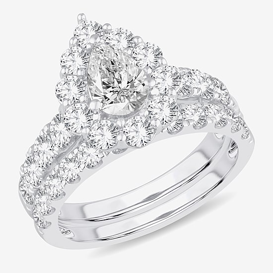 Signature By Modern Bride (H-I / Si1-Si2) Womens 3 CT. T.W. Lab Grown White Diamond 10K Gold Pear Side Stone Halo Bridal Set