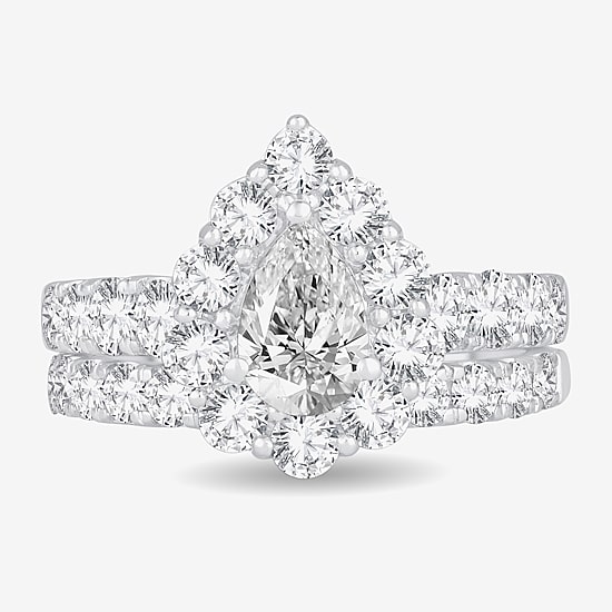 Signature By Modern Bride (H-I / Si1-Si2) Womens 3 CT. T.W. Lab Grown White Diamond 10K Gold Pear Side Stone Halo Bridal Set