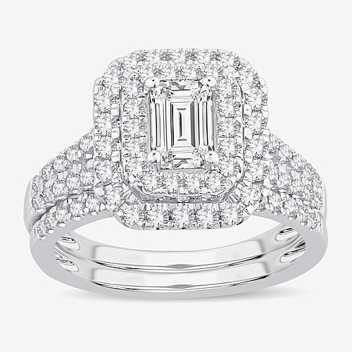 (H-I / Si1-Si2) Womens 1 1/2 CT. T.W. Lab Grown White Diamond 10K Gold Side Stone Halo Bridal Set, 9, White