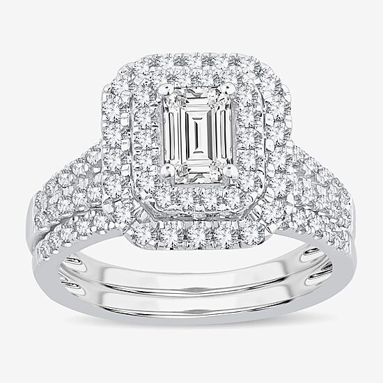 (H-I / Si1-Si2) Womens 1 1/2 CT. T.W. Lab Grown White Diamond 10K Gold Side Stone Halo Bridal Set