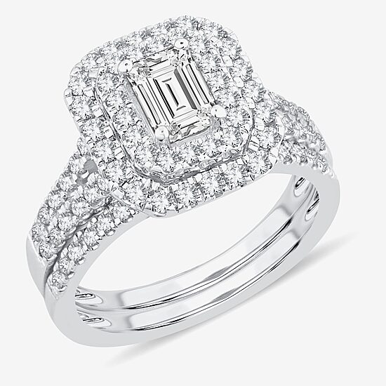 (H-I / Si1-Si2) Womens 1 1/2 CT. T.W. Lab Grown White Diamond 10K Gold Side Stone Halo Bridal Set