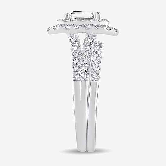 (H-I / Si1-Si2) Womens 1 1/2 CT. T.W. Lab Grown White Diamond 10K Gold Side Stone Halo Bridal Set