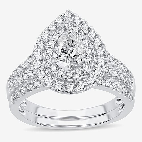 (H-I / Si1-Si2) Womens 1 1/2 CT. T.W. Lab Grown White Diamond 10K Gold Pear Side Stone Halo Bridal Set, 9, White