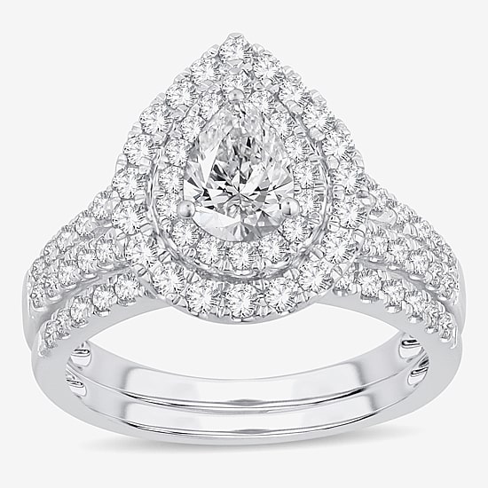 (H-I / Si1-Si2) Womens 1 1/2 CT. T.W. Lab Grown White Diamond 10K Gold Pear Side Stone Halo Bridal Set