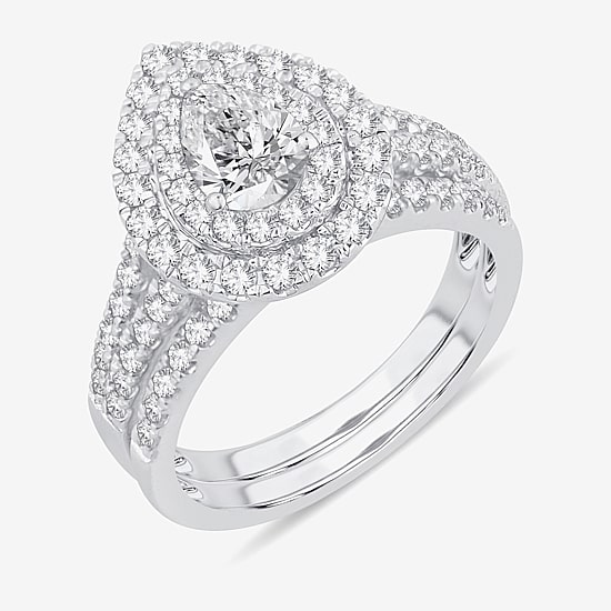 (H-I / Si1-Si2) Womens 1 1/2 CT. T.W. Lab Grown White Diamond 10K Gold Pear Side Stone Halo Bridal Set