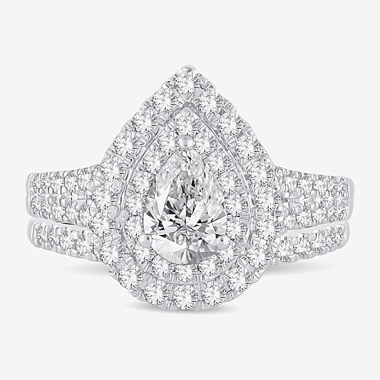(H-I / Si1-Si2) Womens 1 1/2 CT. T.W. Lab Grown White Diamond 10K Gold Pear Side Stone Halo Bridal Set