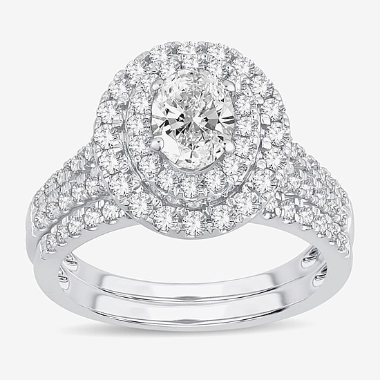 (H-I / Si1-Si2) Womens 1 1/2 CT. T.W. Lab Grown White Diamond 10K Gold Oval Side Stone Halo Bridal Set