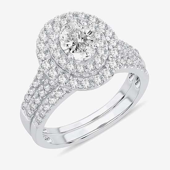 (H-I / Si1-Si2) Womens 1 1/2 CT. T.W. Lab Grown White Diamond 10K Gold Oval Side Stone Halo Bridal Set