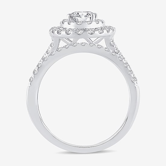 (H-I / Si1-Si2) Womens 1 1/2 CT. T.W. Lab Grown White Diamond 10K Gold Oval Side Stone Halo Bridal Set