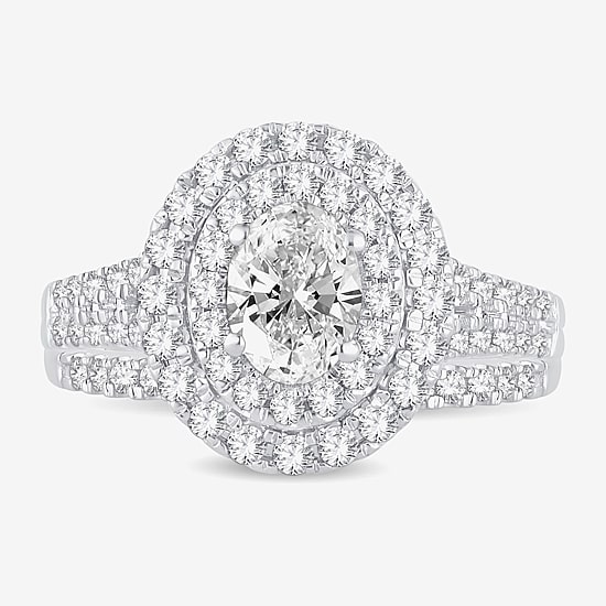 (H-I / Si1-Si2) Womens 1 1/2 CT. T.W. Lab Grown White Diamond 10K Gold Oval Side Stone Halo Bridal Set