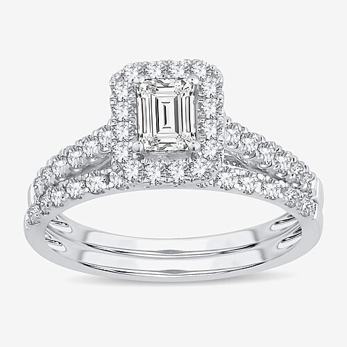 (H-I / Si1-Si2) Womens 1 CT. T.W. Lab Grown White Diamond 10K Gold Side Stone Halo Bridal Set, 9, White