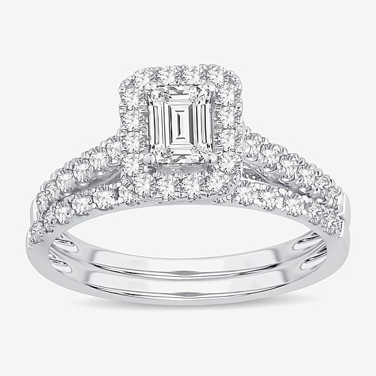 (H-I / Si1-Si2) Womens 1 CT. T.W. Lab Grown White Diamond 10K Gold Side Stone Halo Bridal Set