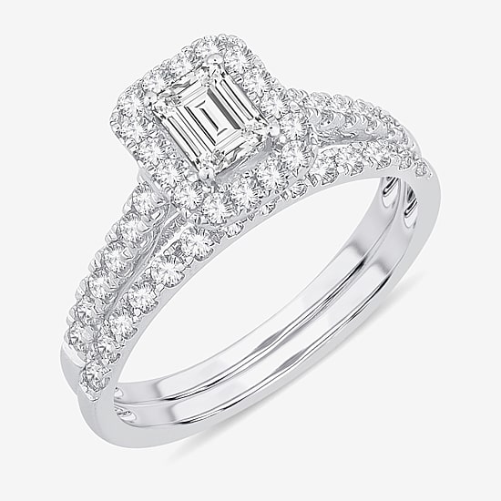 (H-I / Si1-Si2) Womens 1 CT. T.W. Lab Grown White Diamond 10K Gold Side Stone Halo Bridal Set