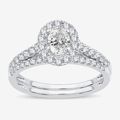 (H-I / Si1-Si2) Womens 1 CT. T.W. Lab Grown White Diamond 10K Gold Oval Side Stone Halo Bridal Set, 9, White