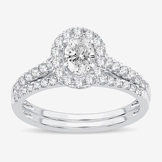 (H-I / Si1-Si2) Womens 1 CT. T.W. Lab Grown White Diamond 10K Gold Oval Side Stone Halo Bridal Set
