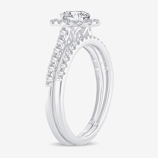 (H-I / Si1-Si2) Womens 1 CT. T.W. Lab Grown White Diamond 10K Gold Oval Side Stone Halo Bridal Set